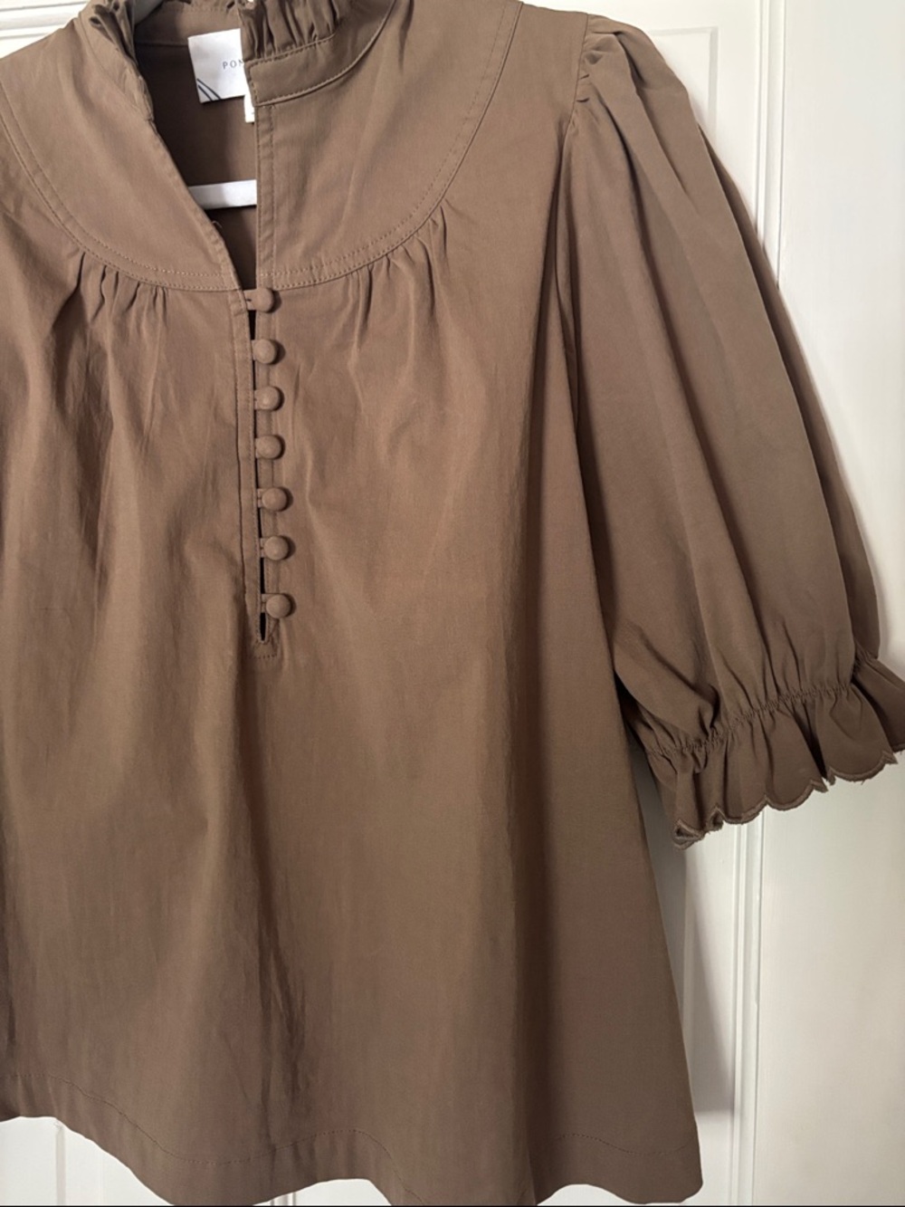 Women's Ruffle Neck Button-Front Tunic Top - Brown - Picture 4 of 5